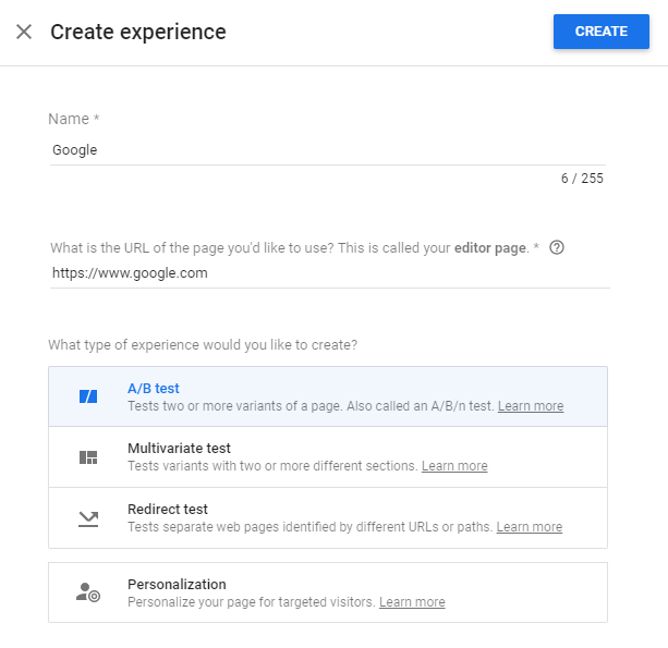 Google Optimize UX testing tool