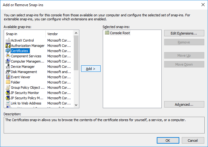 adding certificates to microsoft